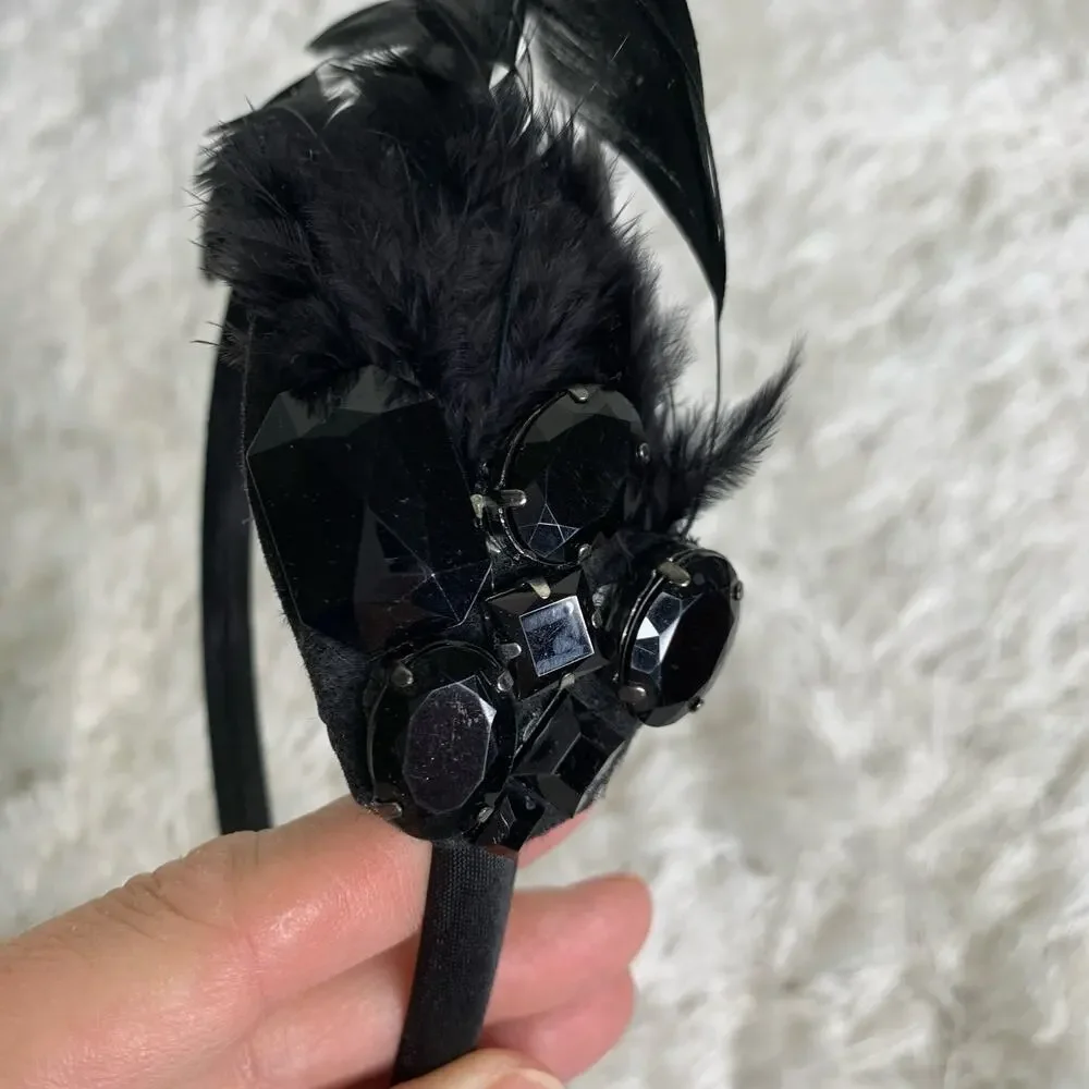 Black Feather Rhinestone Jewel Headband Halloween Dance Costume